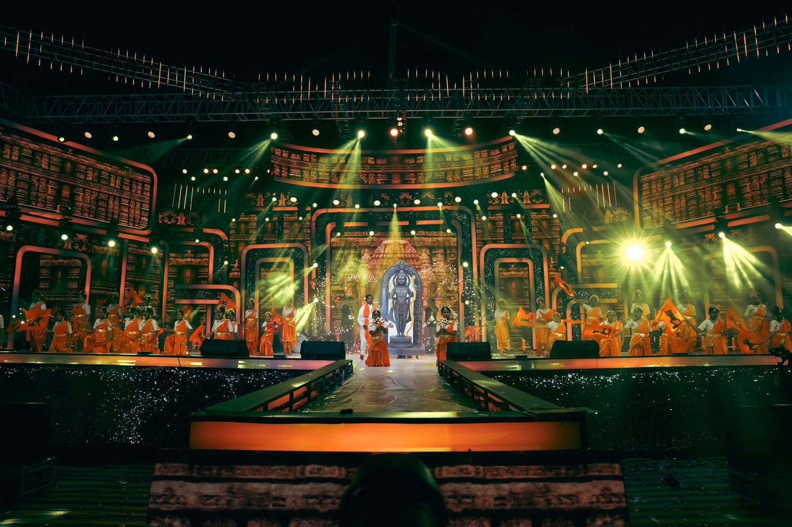 Grand cultural festival with temple-themed LED stage design and professional lighting production in Karnataka