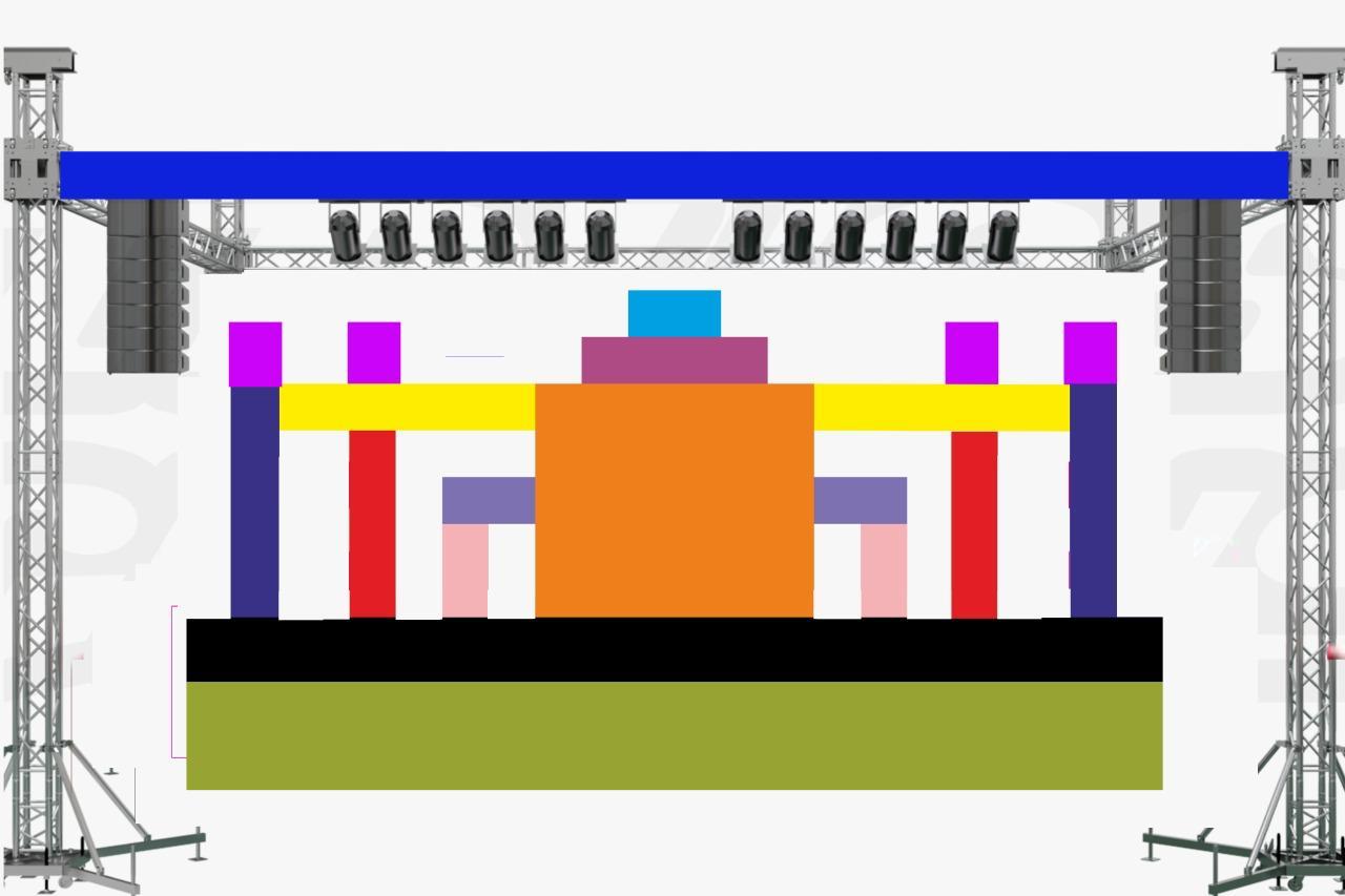 Stage design layout mockup with truss, LED panels, and lighting fixtures for event planning