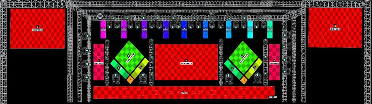 LED wall stage layout render with truss rigging, moving heads, and speaker arrays for concert production