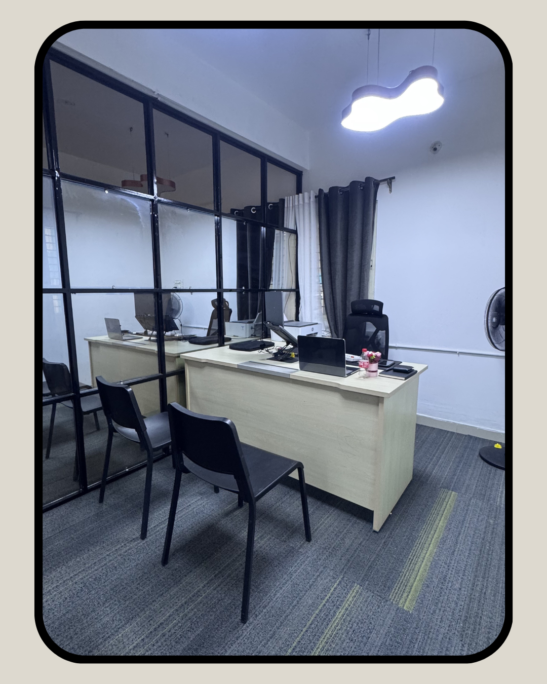 Manager office cabin with glass partition at Supreme Media Productions event company Vidyaranyapura